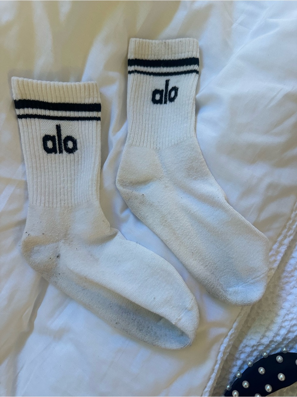 ALO Yoga White Crew Socks with Black Stripe and Logo